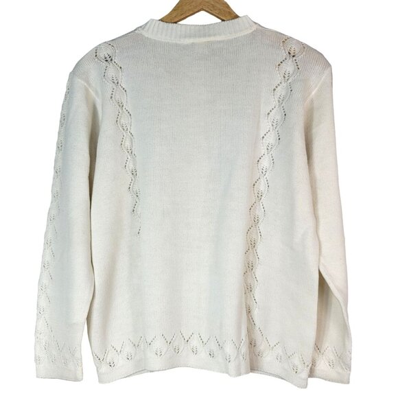 Keneth Too Sweater Cardigan White Large Laser-Cut Diamond Button Long Sleeve VTG - Picture 3 of 6